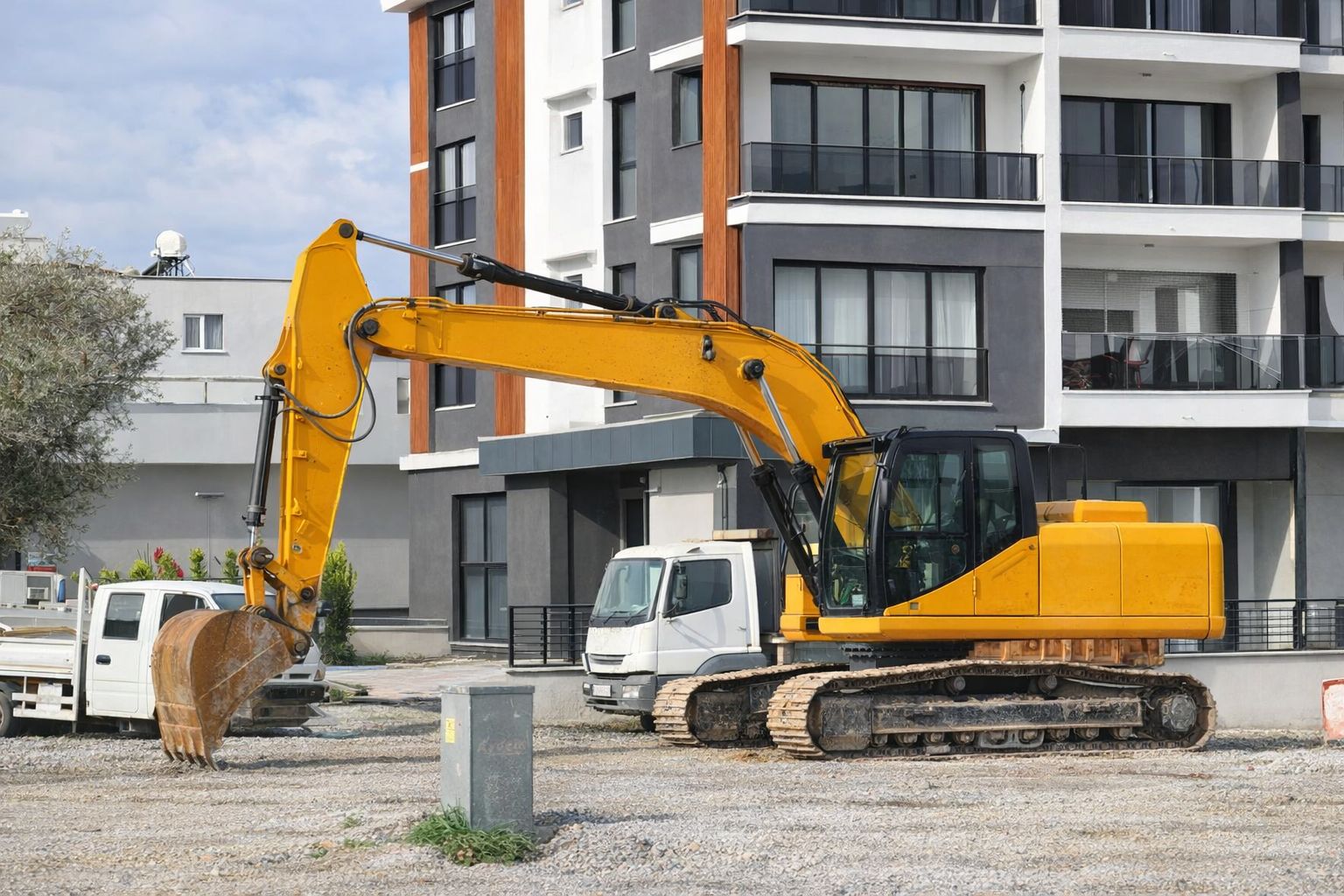 Gul grävmaskin på en byggarbetsplats framför ett nytt bostadshus.